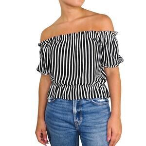 H&M Black And White Striped Off The Shoulder Shirt Extra Small Casual Cute Twee